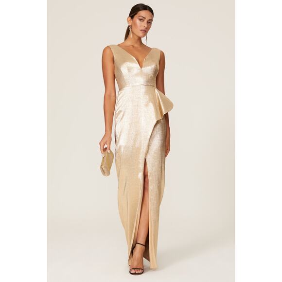 Black Halo Gold Hendricks Sleeveless V-Neck Metallic Cocktail Evening Gown 8